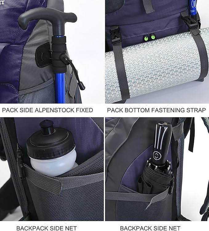 Bseash 50L Hiking Backpack, Water Resistant Lightweight Outdoor Sport Daypack Travel Bag for Camping Climbing Skiing Cycling (Dark Purple - With Shoe Compartment)