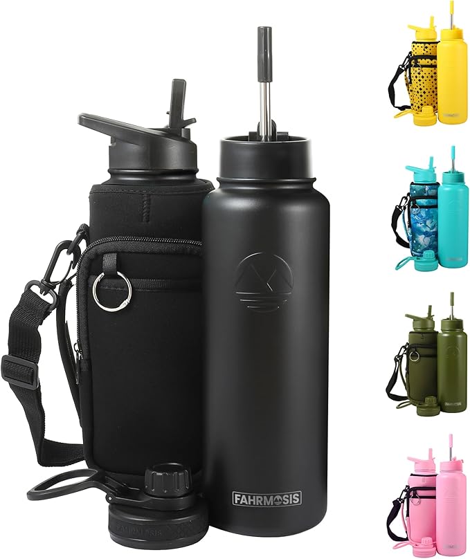 40 Oz Water Bottle with Strap Stainless Steel Sports Water Bottle with 3 Lids (Straw, Chug and Flip Lid) Insulated Leak Proof Metal Jug for Men & Women - Black