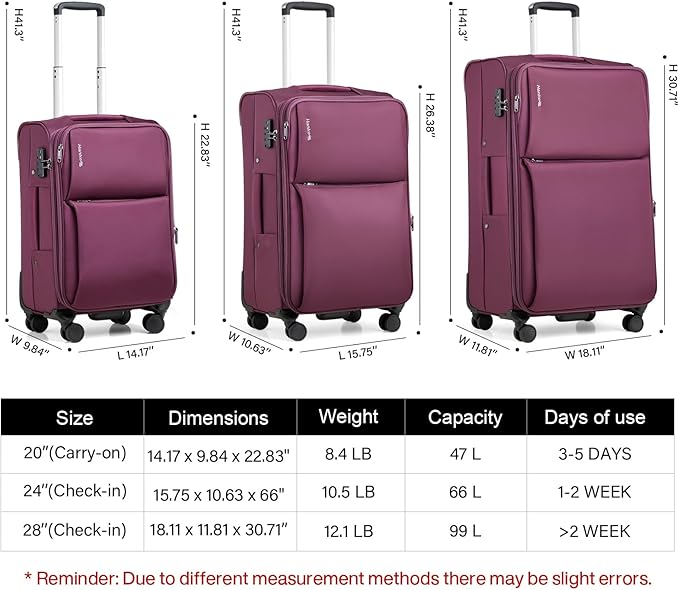 Hanke 3 Piece Luggage Sets Softside Expandable Carry On Luggage Set Travel Suitcase Sets with Spinner Wheels TSA Approved Luggage(Purple, 20in/24in/28in)