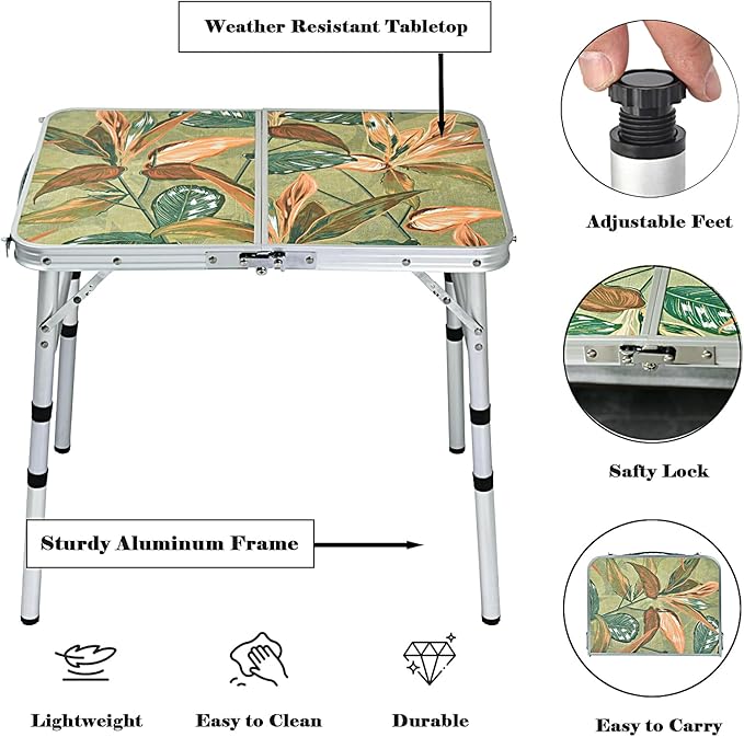 Small Folding Camping Table, 2ft Portable Picnic Table Aluminum 24" x 16" Folding Table, 3 Adjustable Heights Portable Lightweight Table Dining Table for RV, Picnic, Beach (Green Leaf)