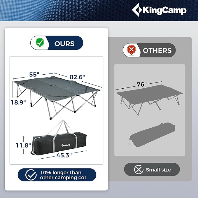 KingCamp 2 Person Queen Size Camping Cot, Folding Portable Double 550lbs Heavy Duty Oversized Large XXL Wide Foldable Sleeping Bed with Carry Bag for Two Adult Outdoor Travel Tent, Grey