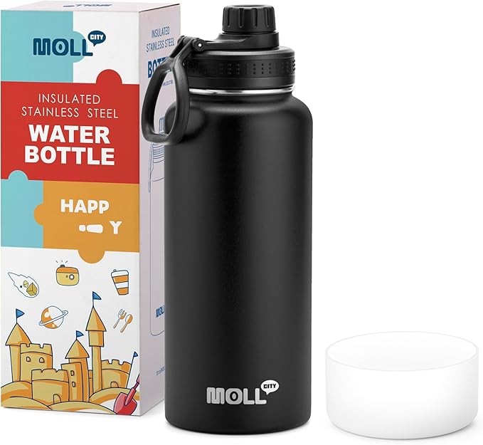 Insulated Water Bottle-32 oz Stainless Steel Vacuum Wide Mouth Sports Water Bottle with Silicone Boot-Metal Leak Proof Travel Water Flask for Men (Black)