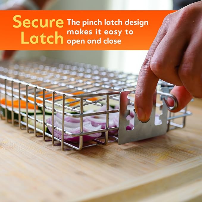 Adjustable Grill Basket with Removable Handle – 4 Height Levels for Vegetables, Meat, Fish & More – BBQ Grilling Basket with Locking Lid, Basting Brush, Scrub Sponge & Storage Bag for Outdoor Cooking