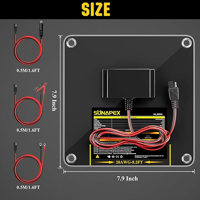SUNAPEX 5W 12V Solar Panel Battery Charger Maintainer, Portable Waterproof Solar Trickle Charger with Built-in Charge Controller, Cig Plug, Alligator Clips, O-Rings for Car, Truck,Tractor, Boat, etc