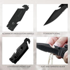 8.5" Military Outdoor Hunting Camping Pocket Knife, 7 in 1 Multi-Function Folding Knives with Fire Starter LED Light Seatbelt Cutter Glass Breaker Bottle Opener Tactical Blade (Black)