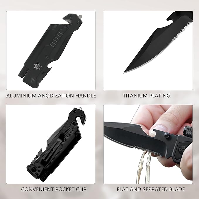 8.5" Military Outdoor Hunting Camping Pocket Knife, 7 in 1 Multi-Function Folding Knives with Fire Starter LED Light Seatbelt Cutter Glass Breaker Bottle Opener Tactical Blade (Black)