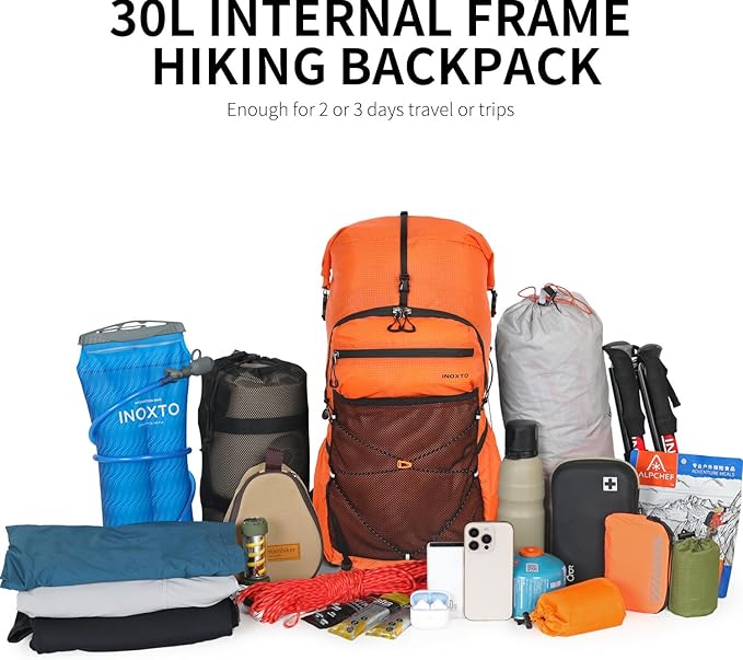 Hiking Backpack for Men and Women, 30L Waterproof Camping Backpack with 3L Water Bladder and Rain Cover, Lightweight Outdoor Sport Travel Daypack Rucksack for Climbing Cycling (Orange)