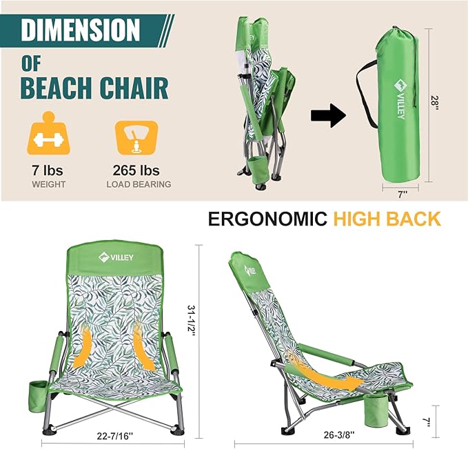 VILLEY Low Beach Chair, High Back Folding Beach Chair for Adults, Lightweight and Portable for Outdoor, Beach, Camping, Lawn, Music Festival, with Cup Holder and Carry Bag-Green Tropical Leaves