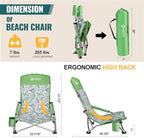 VILLEY Low Beach Chair, High Back Folding Beach Chair for Adults, Lightweight and Portable for Outdoor, Beach, Camping, Lawn, Music Festival, with Cup Holder and Carry Bag-Green Tropical Leaves