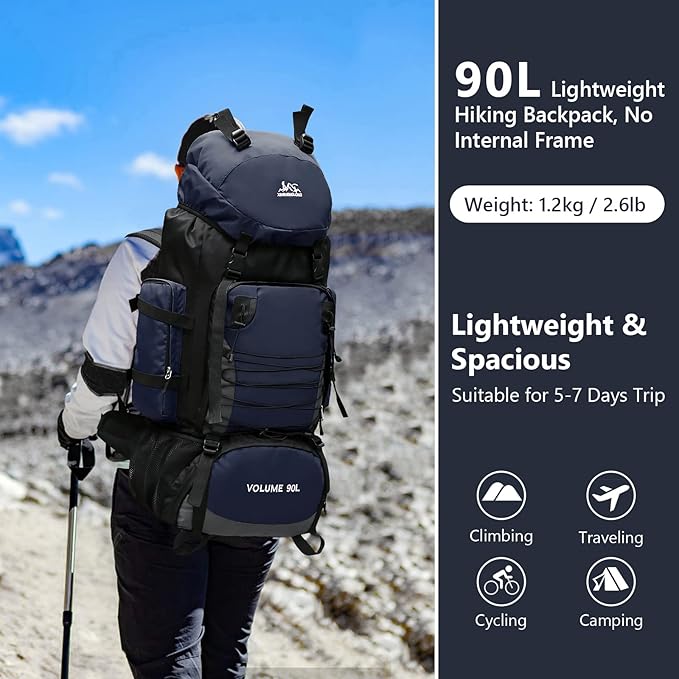 90L Hiking Backpack, Camping Travel Backpack with Rain Cover Lightweight Travel Daypack for Climbing Camping Touring (Blue)