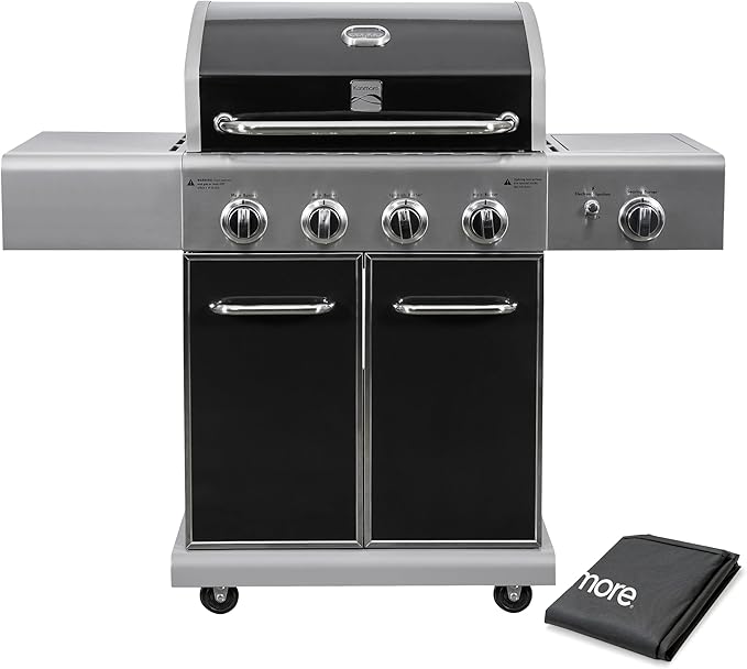 Kenmore 4-Burner BBQ Gas Grill with Searing Side Burner, Propane Grill, 52,000 BTUs, Warming Rack, Electronic Ignition & Cast Iron Cooking Grates, Black/Stainless Steel + Bonus Cover