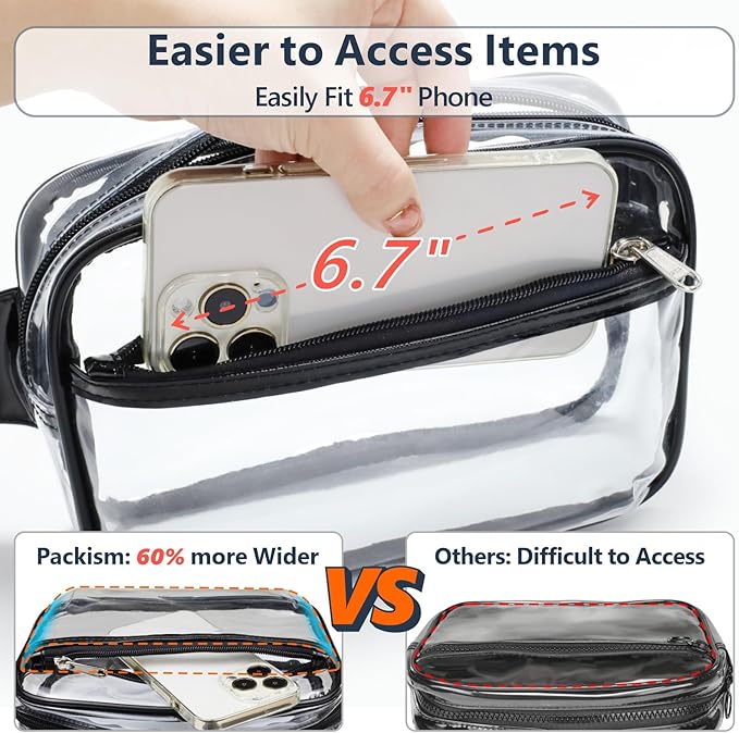 Packism Clear Fanny Pack Stadium Approved - 2-Pack Plus Size 35-51 inches Adjustable Strap Clear Belt Bag for Women Men Transparent Waist Bag for Concerts, Sporting Events, Black
