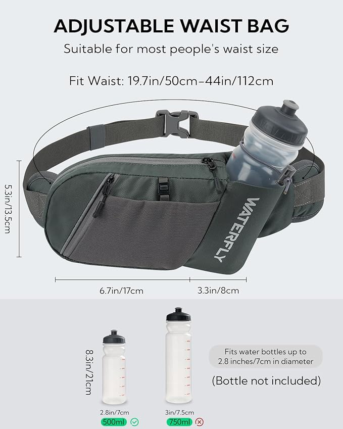 WATERFLY Fanny Pack Waist Bag: Hiking Water Bottle Holder with Strap Waist Pack for Women Men Hydration Hip Packs for Running Walking Traveling-Gray