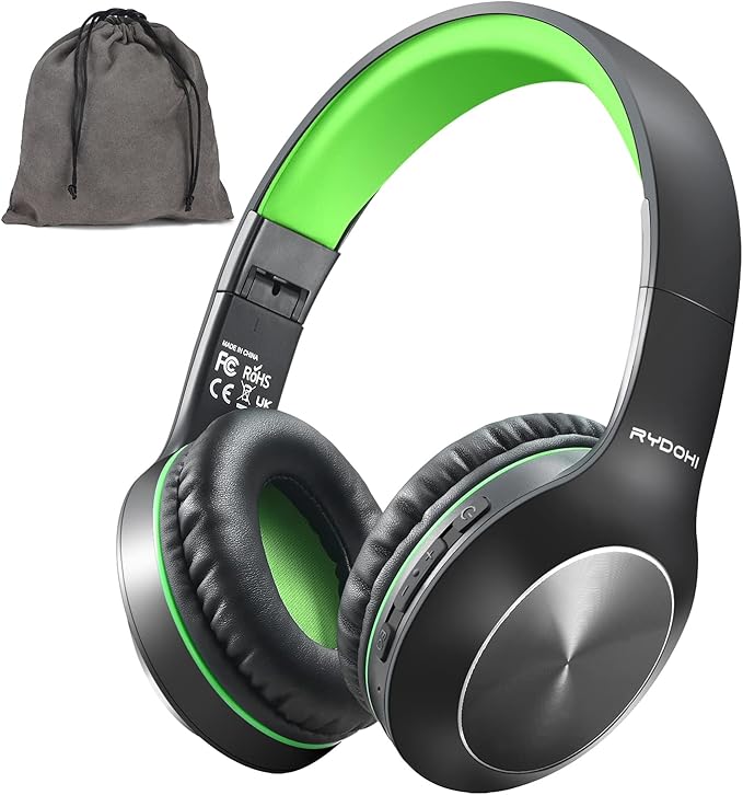 Rydohi Bluetooth Headphones Over Ear, 68H Playtime 3 EQ Music Modes Wireless Headphones with Microphone/Deep Bass, HiFi Stereo Foldable Headset for PC Home Travel Office (Black Green)