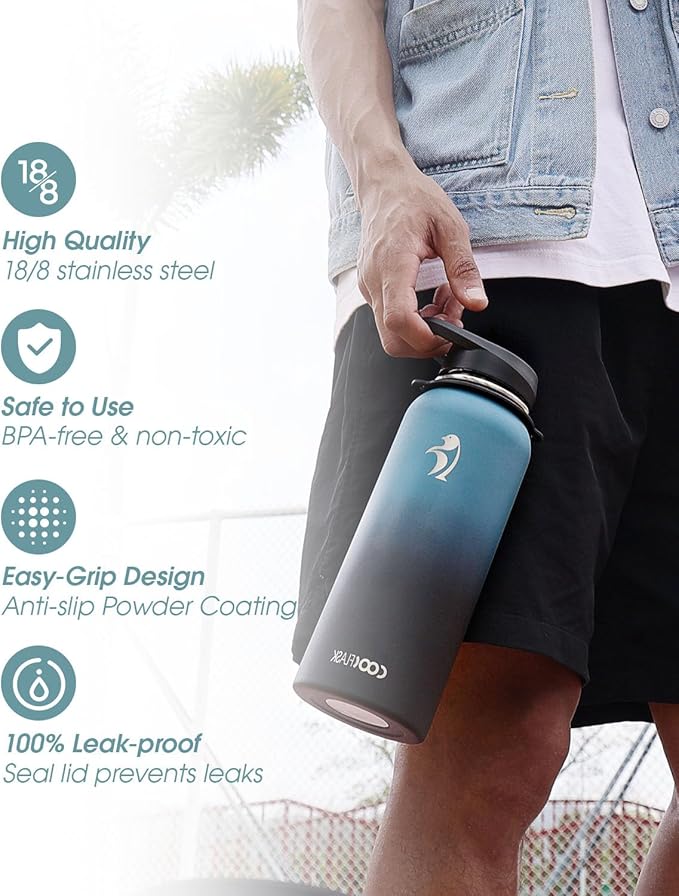 Coolflask Insulated Water Bottle with Strap, 40 oz Metal Water Flask with Straw & Spout Lids, Stainless Steel Double Wall Vacuum, Keep Cold 48h Hot 24h, Leak Proof & Non-BPA, Prussian Blue