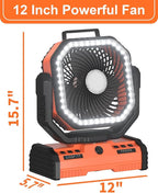 ADUST 12 Inch Camping Battery Operated Powered Fan with LED Lantern Light,44000mAh Rechargeable Portable Oscillating Fan with 360° Rotation Hanging Hook for Tents, Cordless USB Desk Fan(Orange)