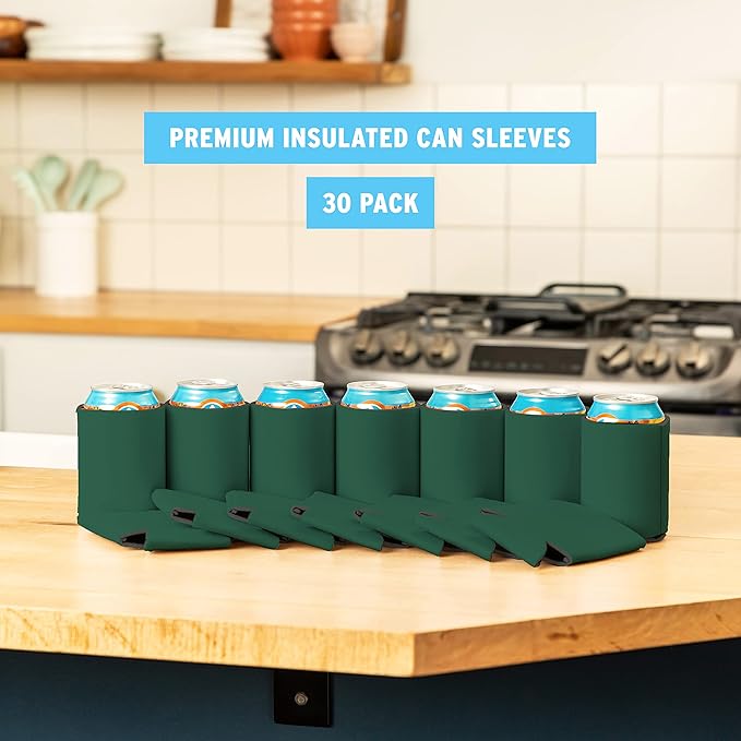 Blank Beer Can Coolers Sleeves (30-Pack) Soft Insulated Beer Can Coolies - HTV Friendly Plain Koolies in Bulk for Beer Cans & Bottles - Coolie Blanks for Vinyl Projects & Wedding Favors (Forest Green)
