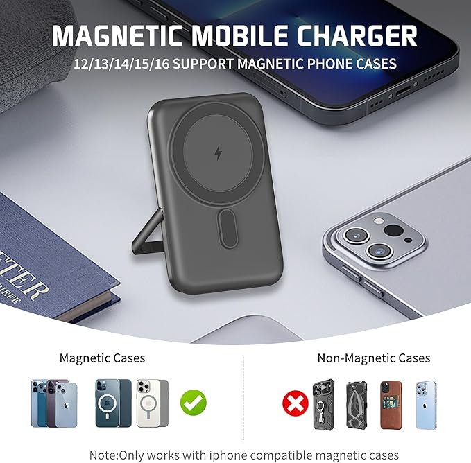 EKR for Magsafe Portable Charger,10000mAh PD20W Magnetic Wireless Power Bank,Fast Charging Battery Pack with Zinc Alloy Stand,Compatible with iPhone 16/15/14/13/12 Series,Samsung Android Series B