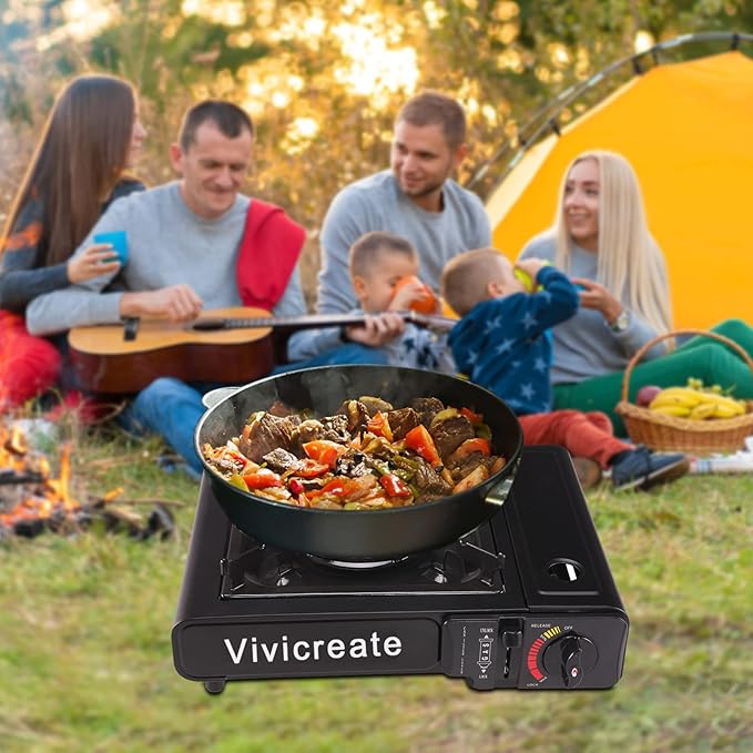 Vivicreate 8500 BTU Portable Butane Gas Stove for Camping Cooking Outdoor, Lightweight Portable Stove Burner with Auto Ignition, Estufa de Gas Portátil para Camping al Aire Libre(Black)