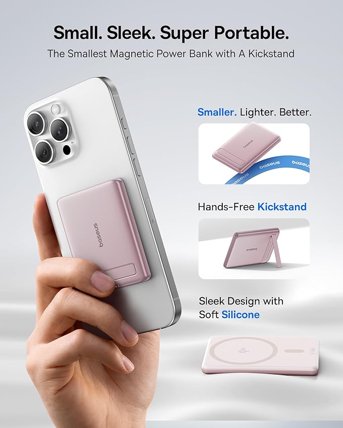 Baseus Picogo Power Bank, Smallest Qi2 Certified 15W MagSafe Portable Charger, 0.5" Ultra Slim 5000mAh Magnetic Battery Pack with Stand, Alloy Wireless Charger for iPhone 17 Pro Max/17 Air/16 Series