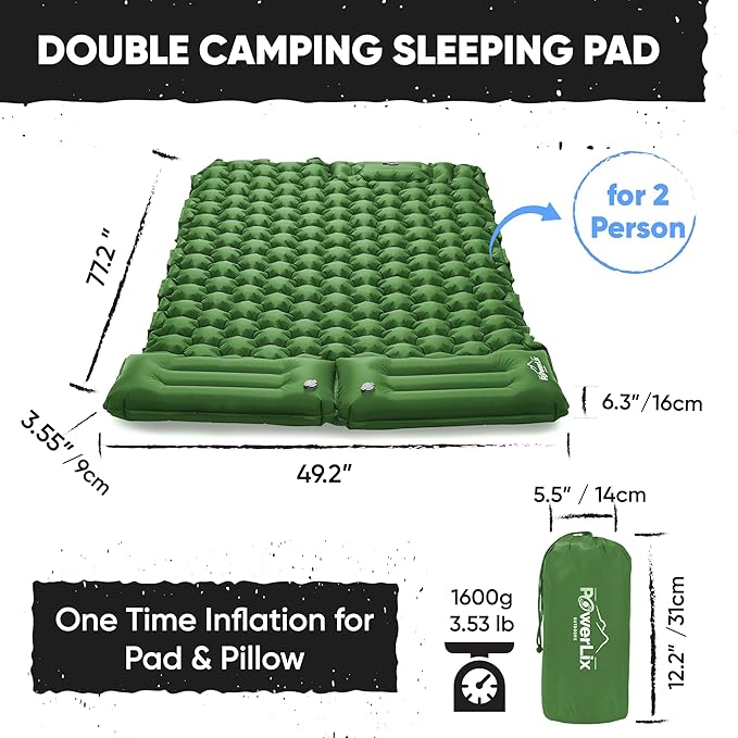 POWERLIX Double Camping Sleeping Pad Camping Pad for 2 Person with Pillow Built-in Foot Pump Inflatable Sleeping Pad for Camping, Backpacking, Hiking, Portable Camping Mattress Green