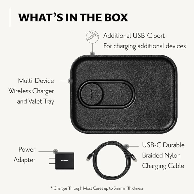 Courant MAG:3 Classics Charger and Tray - Italian Leather, Multi-Device Charger Compatible with MagSafe iPhones 16, 15, 14, 13, 12 or Wireless AirPod Cases (Black)