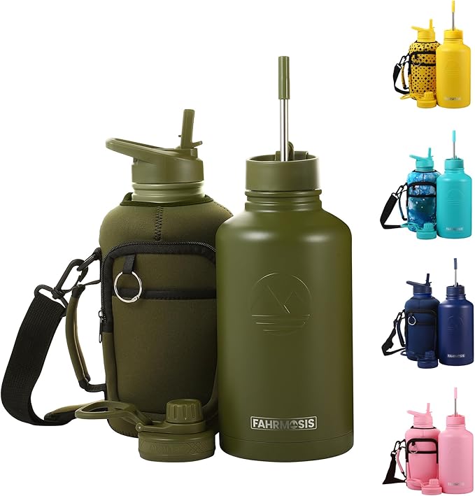 64 Oz Insulated Water Bottle with Strap Stainless Steel Sports Water Bottle with 3 Lids (Straw, Chug and Flip Lid) Leak Proof Metal Half Gallon Jug for Men & Women - Army Green