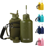 64 Oz Insulated Water Bottle with Strap Stainless Steel Sports Water Bottle with 3 Lids (Straw, Chug and Flip Lid) Leak Proof Metal Half Gallon Jug for Men & Women - Army Green