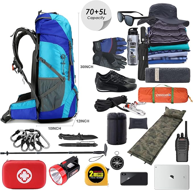 WintMing 75L Hiking Backpack with Rain Cover Waterproof Camping Backpack Shoes Warehouse for Men Women
