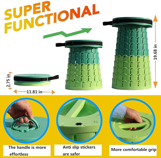 ALEVMOOM Upgraded 19.7" Portable Collapsible Folding Stool Retractable Telescoping Foldable Stool for Adults Heavy Duty Camping Sturdy with Max Load Capacity 1000lbs for Outdoor Fishing Hiking BBQ