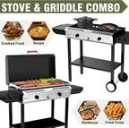 Bestfire 2 Burner Outdoor Propane Gas Stove with Auto Ignition & Regulator, 150,000 BTU High-Pressure Stand Cooker with Flat Top Grill Griddle & Shelf, Portable Cast Iron Burner for Canning & Frying