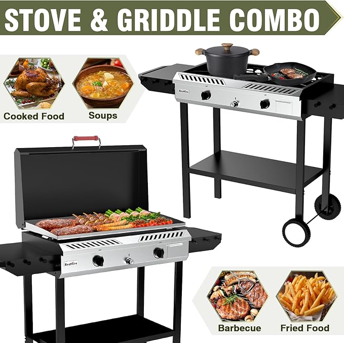 Bestfire 2 Burner Outdoor Propane Gas Stove with Auto Ignition & Regulator, 150,000 BTU High-Pressure Stand Cooker with Flat Top Grill Griddle & Shelf, Portable Cast Iron Burner for Canning & Frying