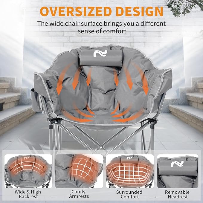 LILYPELLE Oversized Heated Camping Chair, Patio Lounge Chairs with 3 Heat Levels, Portable Folding Heated Chair Round Moon Saucer Folding Lawn Chair Outdoor Chair for Camping, Lounge Patio
