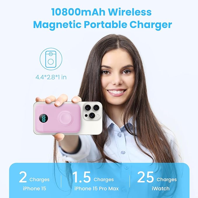 Magnetic Portable Charger 10800mAh,4-in-1 Wireless Power Bank with iWatch Charger, QC4.0+20W PD Fast Charging USB C Battery Pack with LCD Display for Magsafe,iPhone 16/15/14/13/12,Apple Watch, Pink