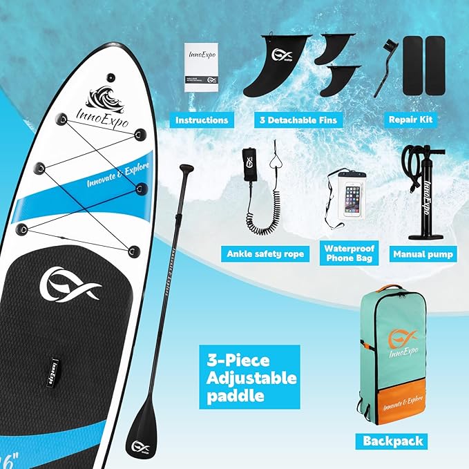 InnoExpo Inflatable Stand Up Paddle Boards with Premium Accessories, Wide Stable SUP Paddle Board Design, Non-Slip Comfort Deck for Youth & Adults