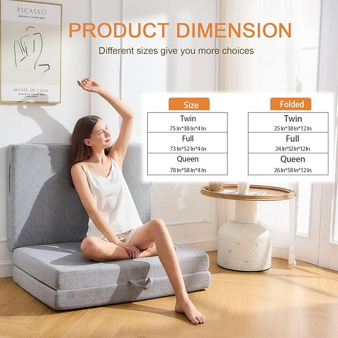 Trifold Mattress Twin, 4 Inch Foldable Memory Foam Topper Portable Floor Guest Bed, Removable and Washable with Handles and Non-Slip Bottom for RV/Camping/Guest Room, 75" x 38" x 4"