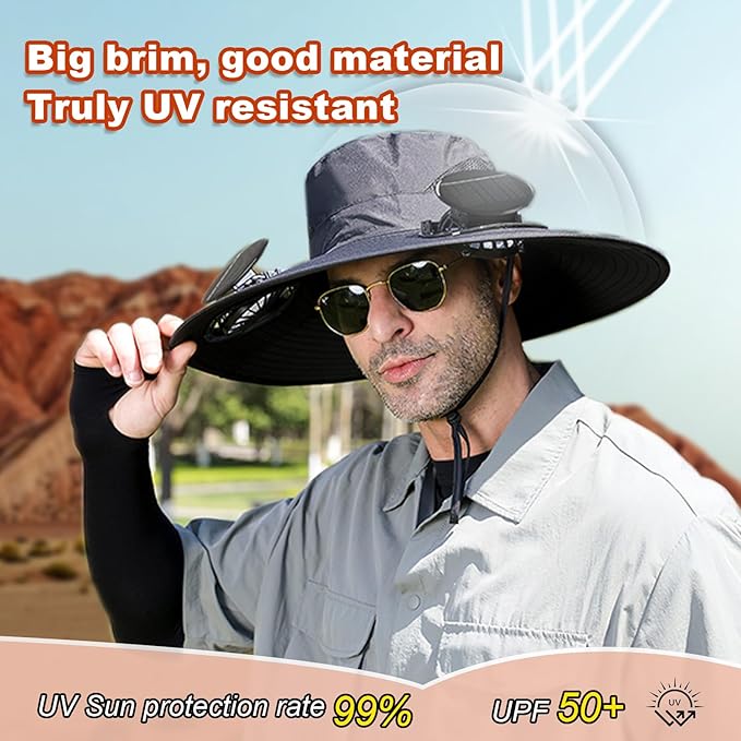 Solar Fan Hat with Removable Dual Fans – Wide Brim Cooling Cap with USB & Solar Charging, 3-Speed Adjustable, Black, One Size for Men & Women