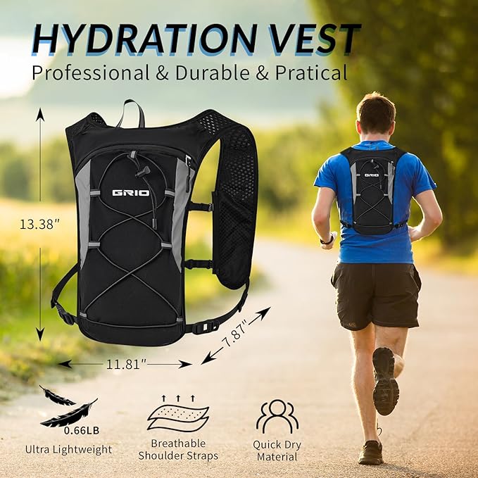 Running Vest for Women Men, Adjustable Chest Straps Running Hydration Vest with 1.5L Water Bladder, Lightweight Breathable Reflective Hydration Pack for Marathon, Trail, Hiking, Cycling