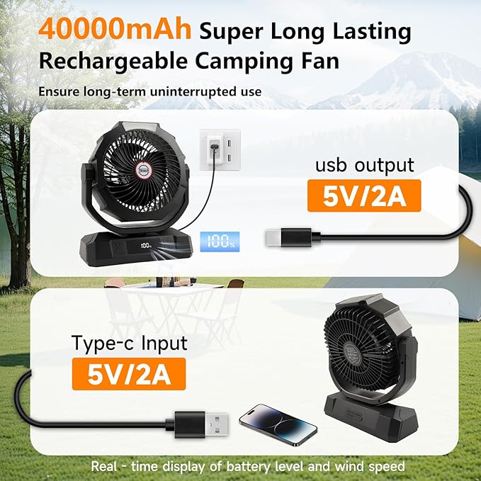 40000mAh Battery Powered Camping Fan,12-Inch Portable Personal Fan with Remote,LED Lantern, 6 Speeds,Timer,Auto Oscillation,Digital Display Cordless Tent Fan (Black)