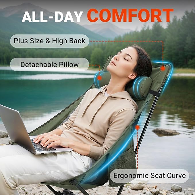 Overmont Oversized Camping Chair for Adults - 400lbs Support Heavy-Duty Padded Seat Outdoor Portable Folding Chair with Cooling Bag Cup Holder Carry Bag Comfortable for Sport Garden Beach Fishing Lawn