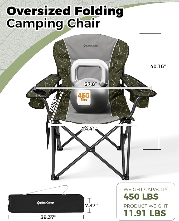 KingCamp Oversized Camping Folding Chair, Heavy Duty 450 LBS with Lumbar Support, Padded seat with Cup Holder&Cooler Bag, Ideal for Camp, Fishing, Sports Event, Backyard, Patio, Lawn (Lava Green)