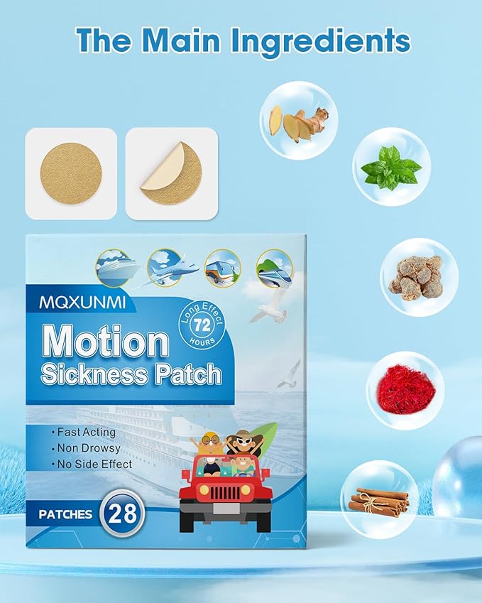 Motion Sickness Patches, 28 pcs No-Drowsy Sea Sickness Patches for Car Sickness, Air Sickness and Travel Patch, Fast Effective, Up to 72 Hours
