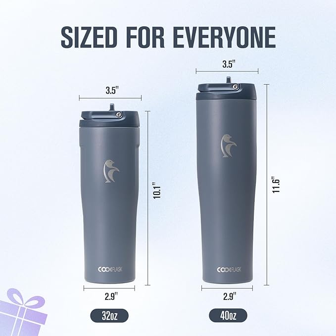 Coolflask Water Bottle 40 oz Fits Car Cup Holder, Slim Tumbler Stainless Steel with Straw & Handle, Vacuum Flask Leakproof Wide Mouth for Travel Sports Gym, Grey