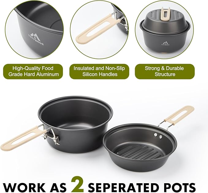 17pcs Camping Cookware Kit, 0.45Gal Pot, 7inches Pan,0.30Gal Kettle Set with 2 Set Stainless Steel Cups Plates Forks Knives Spoons for Hiking