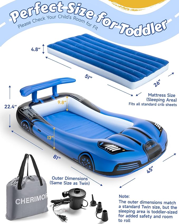 Inflatable Toddler Travel Bed with Safety Bumpers & 2 Mins Auto Inflation Pump, Portable Toddler Kids Air Mattress with Carry Bag for Home Grandma's Sleepovers Travel Camping, 330lbs Support