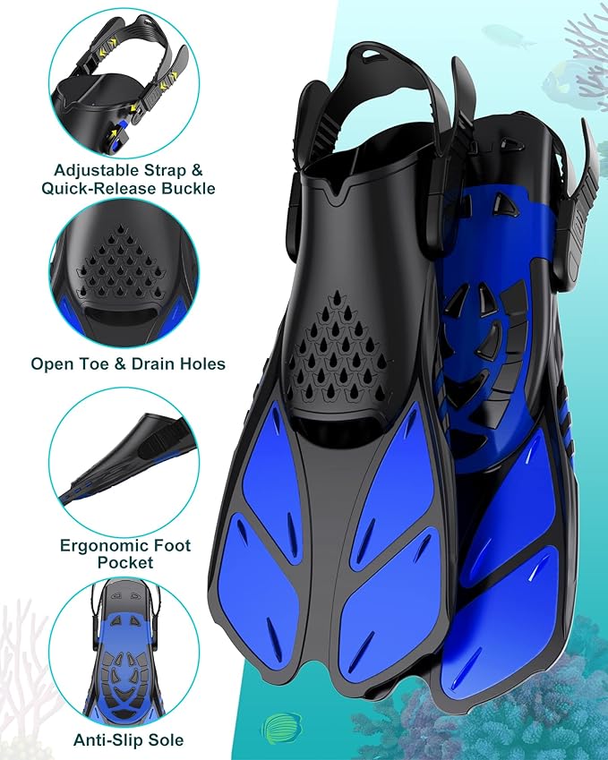 Mask Fins Snorkeling Gear for Adults, Full Face Snorkel Mask & Adjustable Swim Fins Snorkel Set, Panoramic View Snorkel Mask Dry Top Anti-Fog Anti-Leak