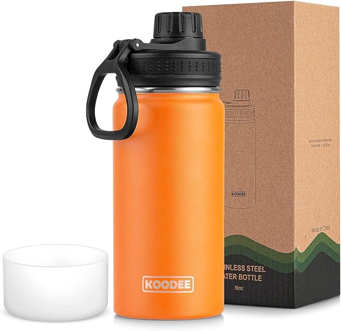 koodee Kids Water Bottle-16 oz Stainless Steel Vacuum Insulated Water Bottle for Back to School Wide Mouth Flask with Leakproof Spout Lid (Cosmic Orange)