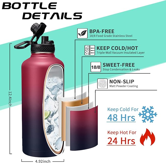 87 oz Insulated Water Bottle with Straw - Stainless Steel Sports Water Bottle, Double Wall Thermo Mug, Leak-Proof, 48h Cold-24h Hot, BPA Free, Rose Purple Gradient, Outdoor Activities