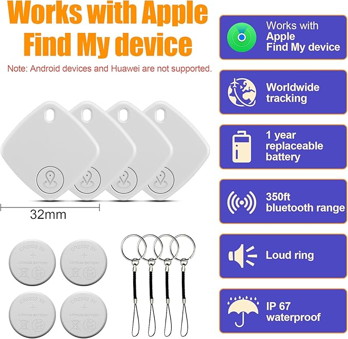 Tracker Tags-4 Pack, Bluetooth Tracker Work with Find My (iOS Only), Smart Trakcer Tag Key Finder and Item Locator with Lanyard, Tracker Tag for Keys, Luggage Replaceable Battery