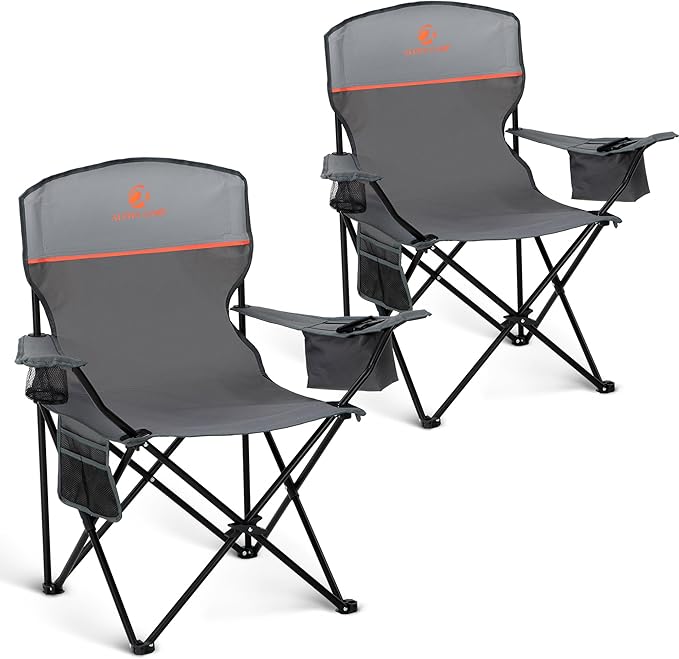 ALPHA CAMP Camping Chair 2 Pack Portable Chair with 3-Can Cooler Folding Chair with Side Pocket and Cup Holder, Collapsible for Camping, Tailgates, Beach, Fishing and Sports,2PC